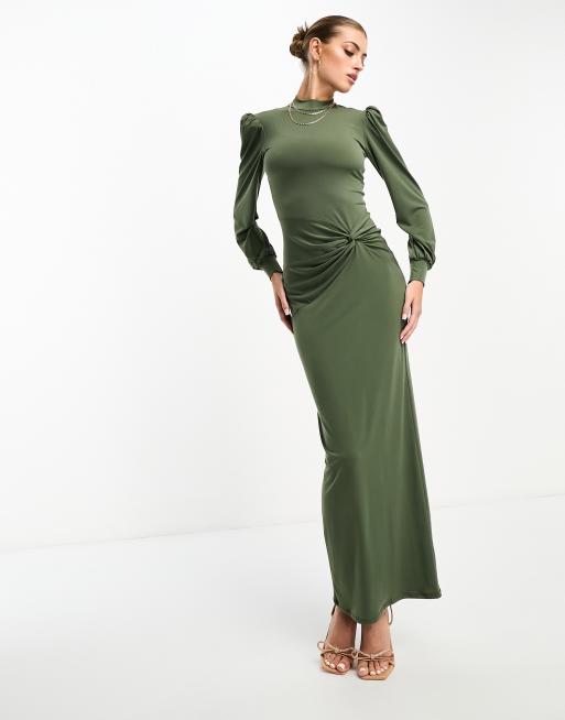 Flounce London high neck maxi dress with ruched detail in olive green