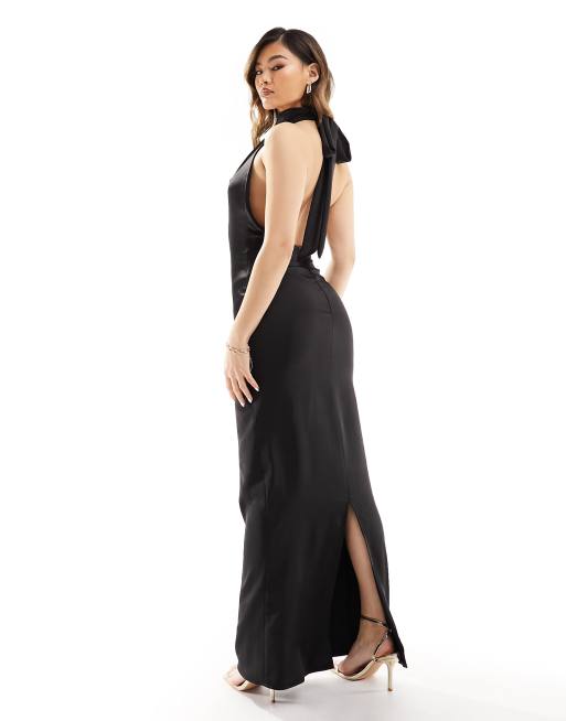 Flounce London high cowl neck asymmetric satin midi dress in black