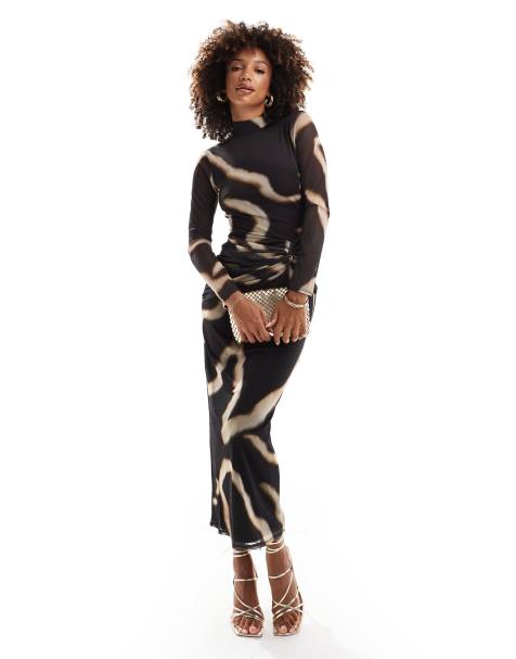 Flounce London high neck mesh midaxi dress with twist font in abstract print - view 1