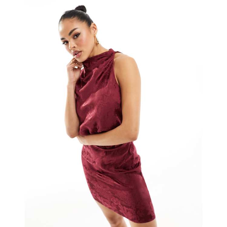 Flounce London high neck sleeveless satin mini dress in port