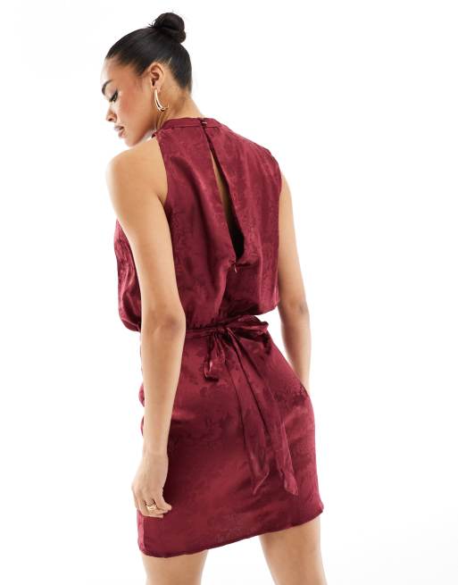 Flounce London high neck sleeveless satin mini dress in port