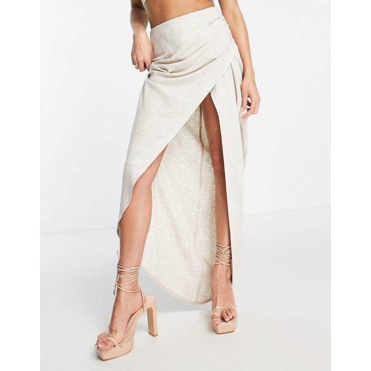 Flounce London high waist maxi skirt with leg slit in beige - part of a set