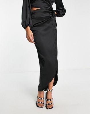 Flounce London high waist maxi skirt with leg split in black satin co-ord - ASOS Price Checker