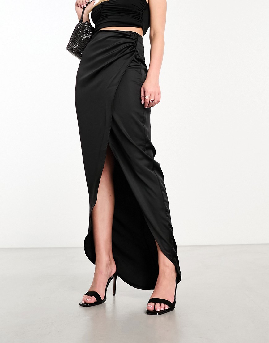 Flounce London high waist maxi skirt with leg split in black