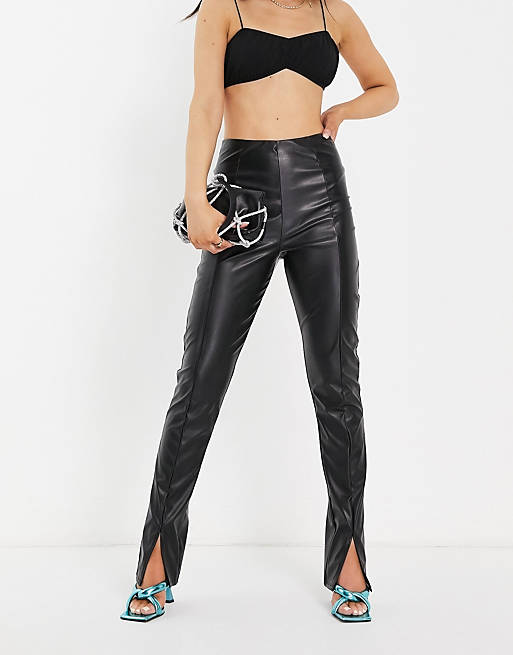Flounce London high waist tailored PU trouser with split front in black