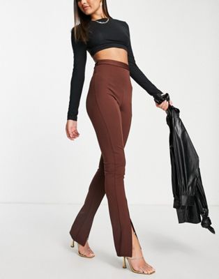 Flounce London high waist tailored stretch trouser with split front in bitter chocolate