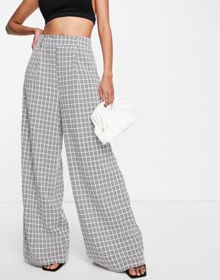 Flounce London satin high waist wide leg trousers in black and white check