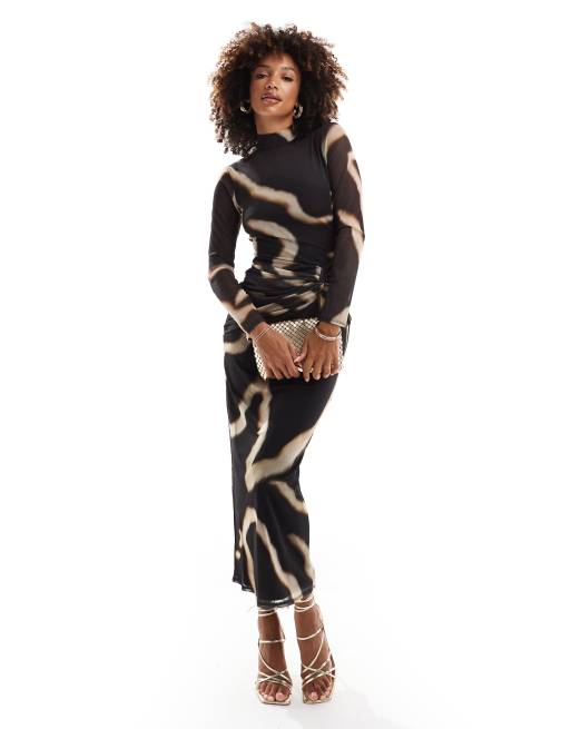 Flounce London - Hoogsluitende midaxi jurk van mesh met gedraaide voorkant in abstracte print