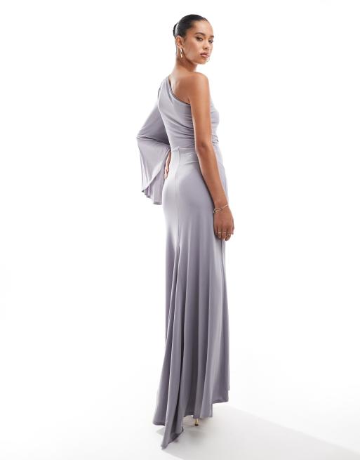 Flounce London Jersey Maxikleid in Grau mit One Shoulder Trager einem Armel und Rock mit nach hinten abfallendem Saum