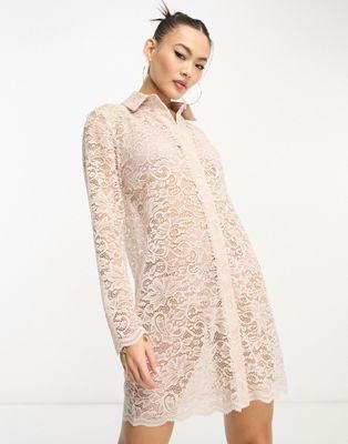 Flounce London Lace Mini Shirt Dress With Scallop Edge In Taupe-neutral