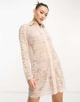 Flounce London lace mini shirt dress with scallop edge in taupe-Neutral