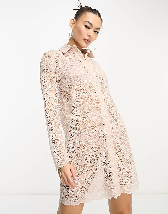 Flounce London - lace mini shirt dress with scallop edge in taupe