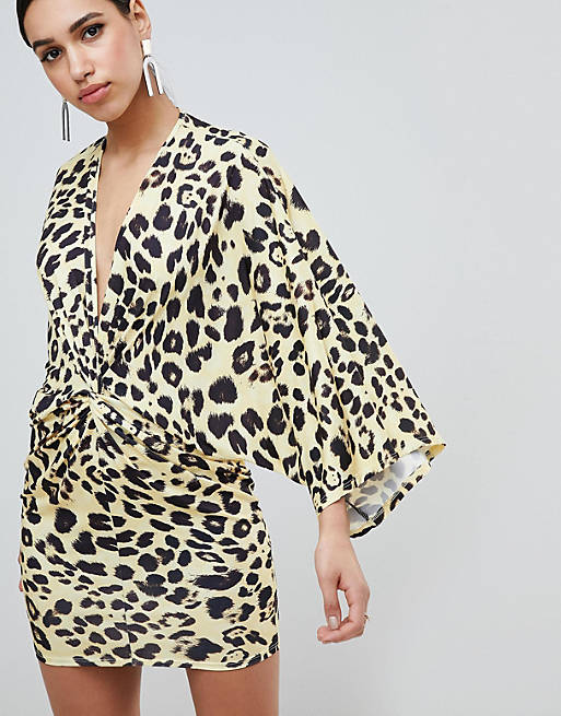Flounce London Leopard Print Wrap Front Kimono Mini Dress | ASOS