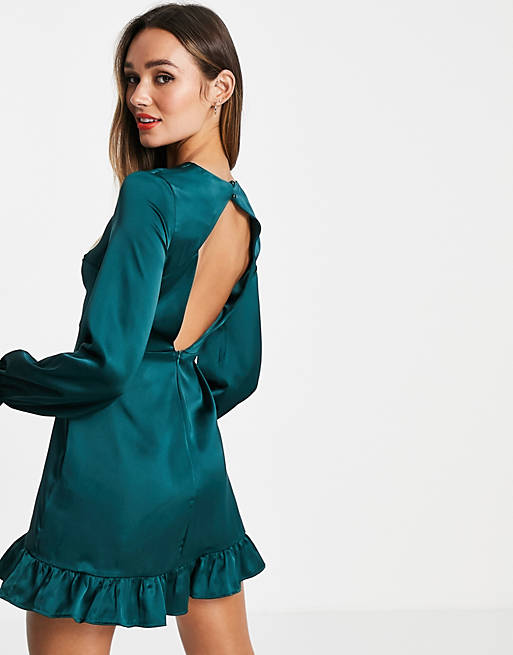 Dresses Flounce London long sleeve backless satin mini dress in emerald green 