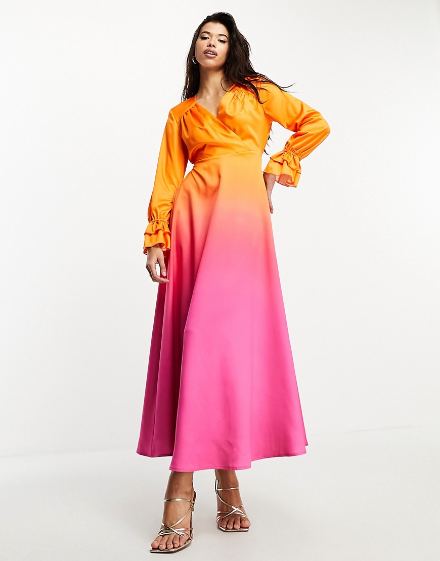 Flounce London long sleeve maxi dress in pink and orange ombre-Multi