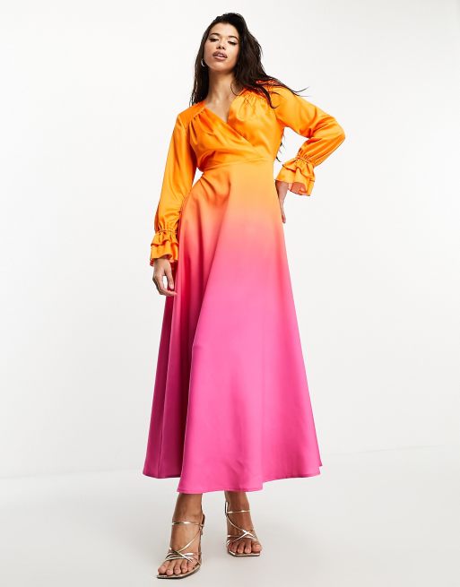 Twisted Front Satin Color Block Midi Dress - Fuchsia/Orange - LUXXE