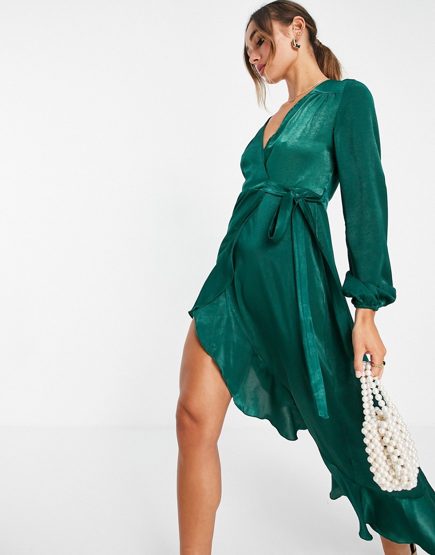Flounce London long sleeve satin wrap maxi dress in emerald green