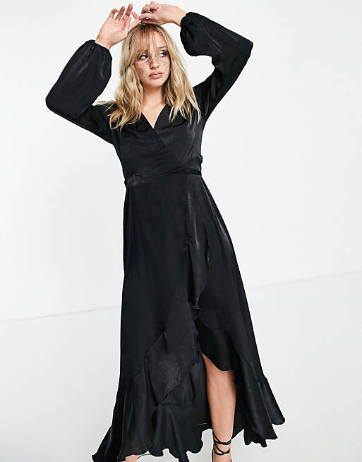 Women Flounce London long sleeve wrap maxi dress in black 