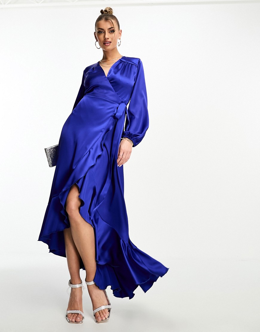 Flounce London Long Sleeve Wrap Maxi Dress In Cobalt-blue