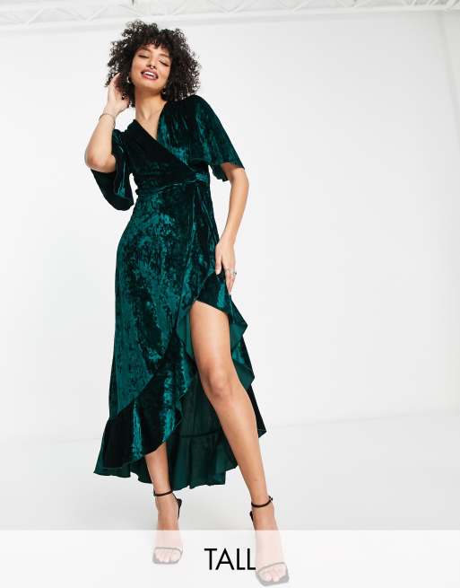 Emerald Green Velvet Dress, Long Sleeve Velvet Dress, Wrap Maxi