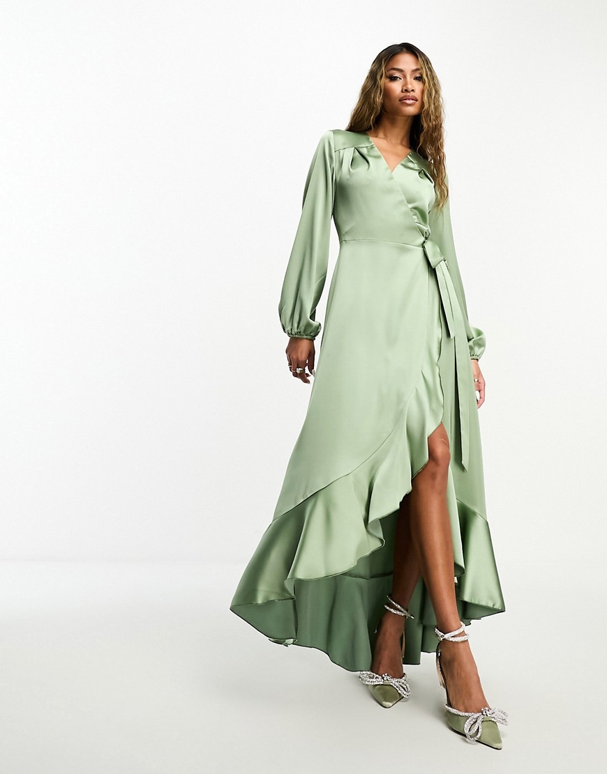 Flounce London Long Sleeve Wrap Maxi Dress In Light Khaki-green