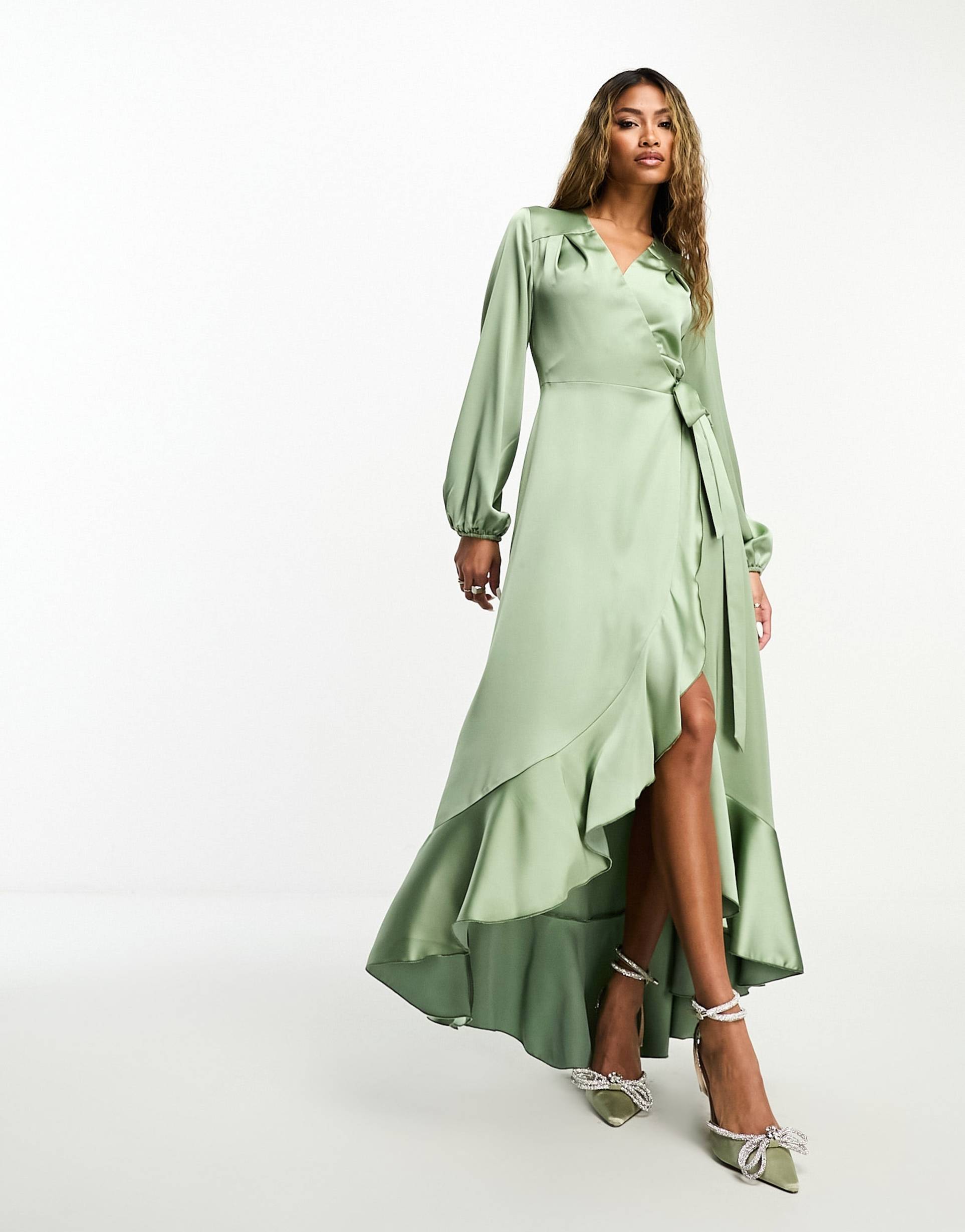 flounce london long sleeve wrap maxi dress in light khaki