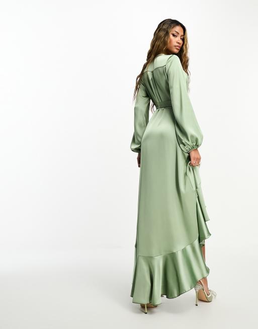 Flounce London long sleeve wrap maxi dress in light khaki, 2 of 4