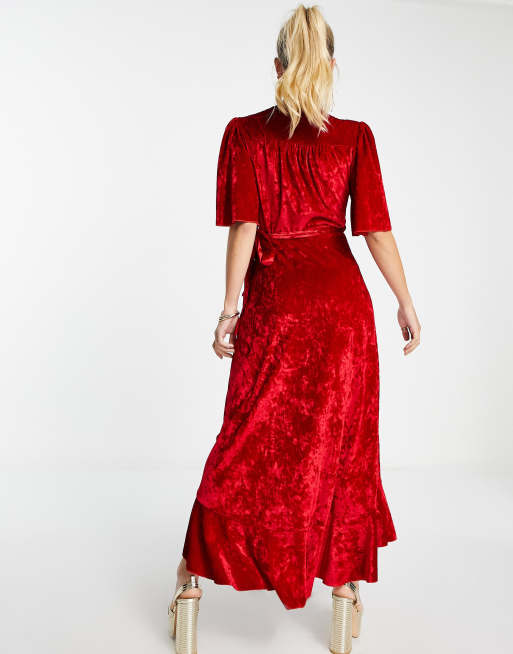 Flounce London satin flutter sleeve wrap front maxi dress in red, ASOS