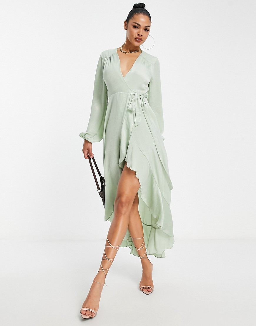 Flounce London Long Sleeve Wrap Maxi Dress In Bright Lime-green
