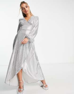 Long sleeve 2025 metallic wrap dress