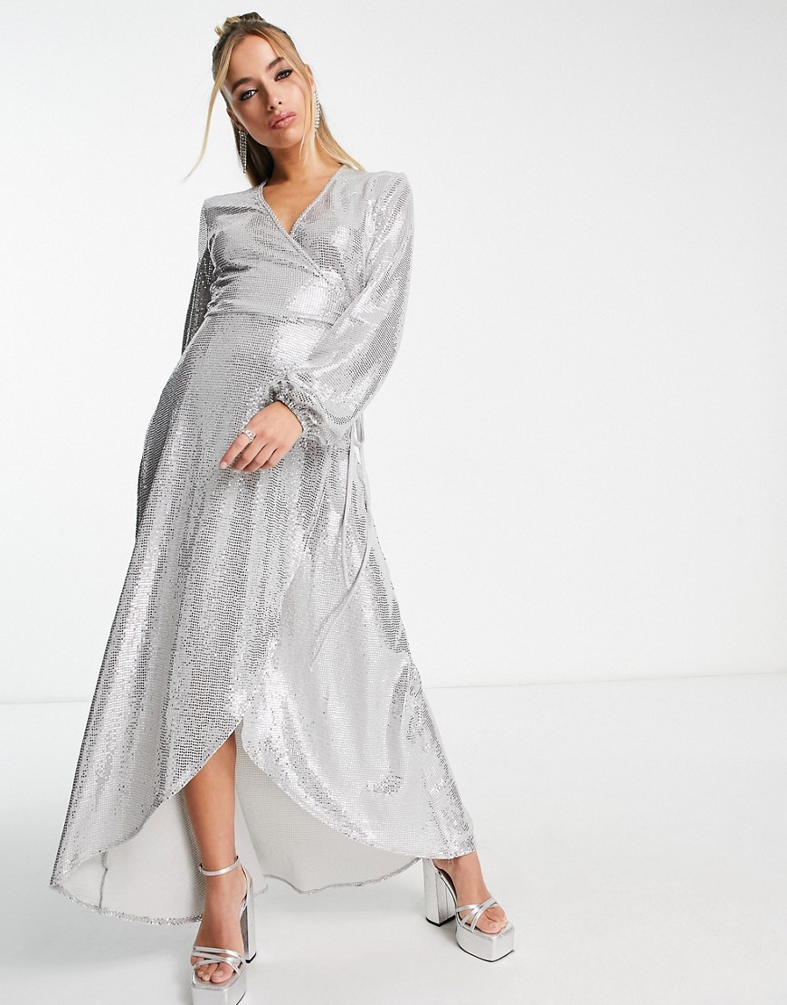 Flounce London long sleeve wrap maxi dress in silver metallic sparkle