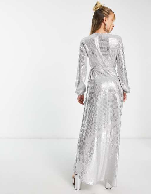 Flounce London long sleeve wrap maxi dress in silver metallic sparkle