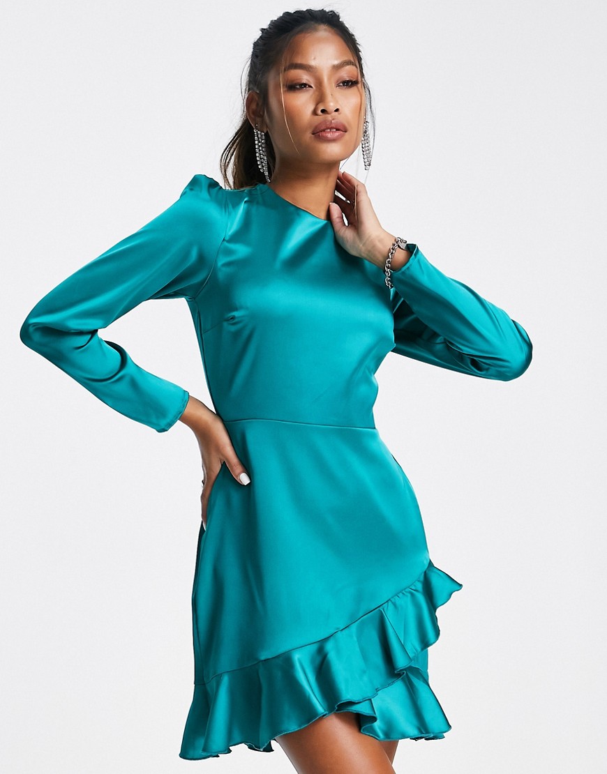 Flounce London Long Sleeve Wrap Mini Dress In Emerald Green