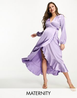 Flounce London Maternity long sleeve satin wrap maxi dress in lavender