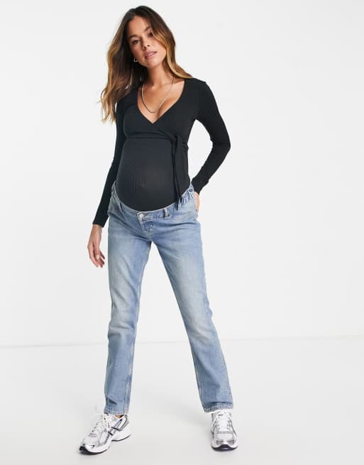 Flounce London Maternity ballet wrap ribbed body in black, 2 of 4