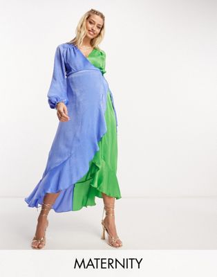 Flounce London Maternity balloon sleeve ruffle maxi dress in contrast blue and green