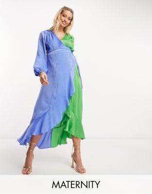 Flounce London Maternity Flounce London Maternity balloon sleeve ruffle maxi dress in contrast blue and green-Multi