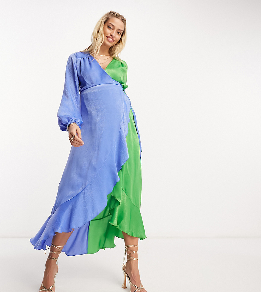 balloon sleeve ruffle maxi dress in contrast blue and green-Multi