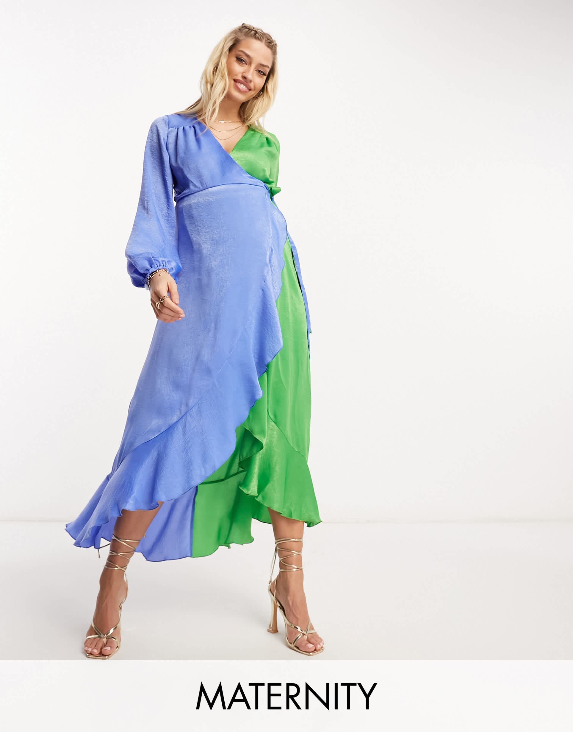 flounce london maternity balloon sleeve ruffle maxi dress in contrast blue and green