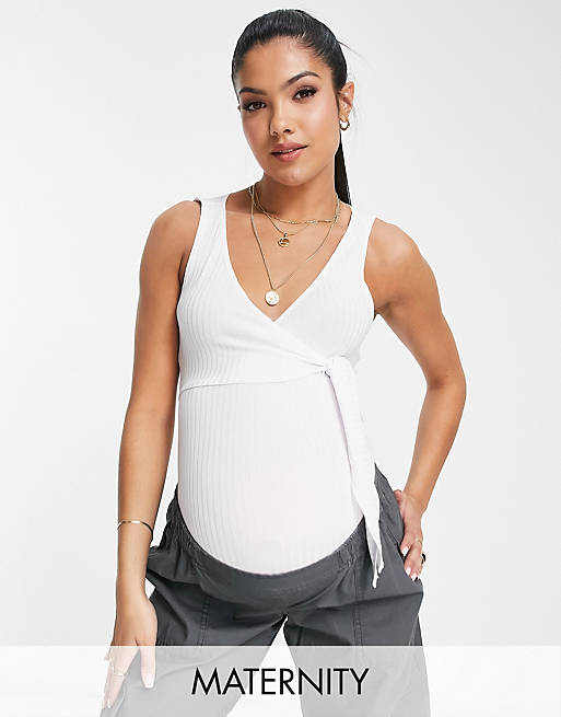 Flounce London Maternity - Body senza maniche stile ballerina a portafoglio bianco a coste