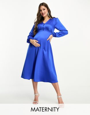 Flounce London Maternity Puff Sleeve Maxi Wrap Dress In Light Blue Satin  for Women