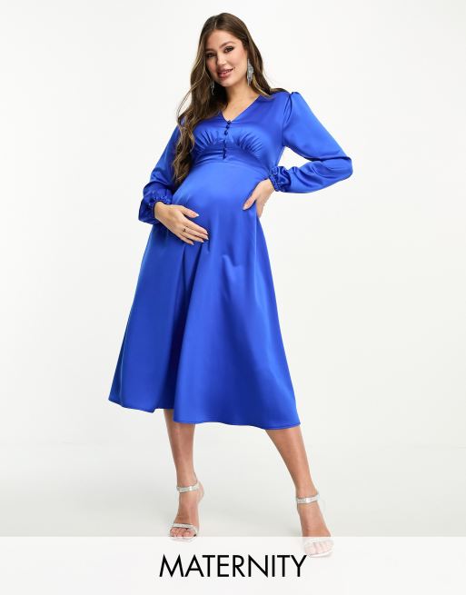 Flounce London Maternity Buttoned Midi Dress In Blue Asos 