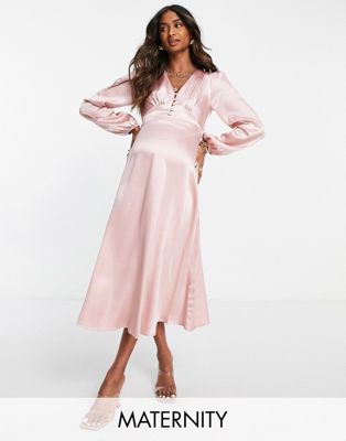 Flounce London Maternity satin buttoned midi dress in blush pink