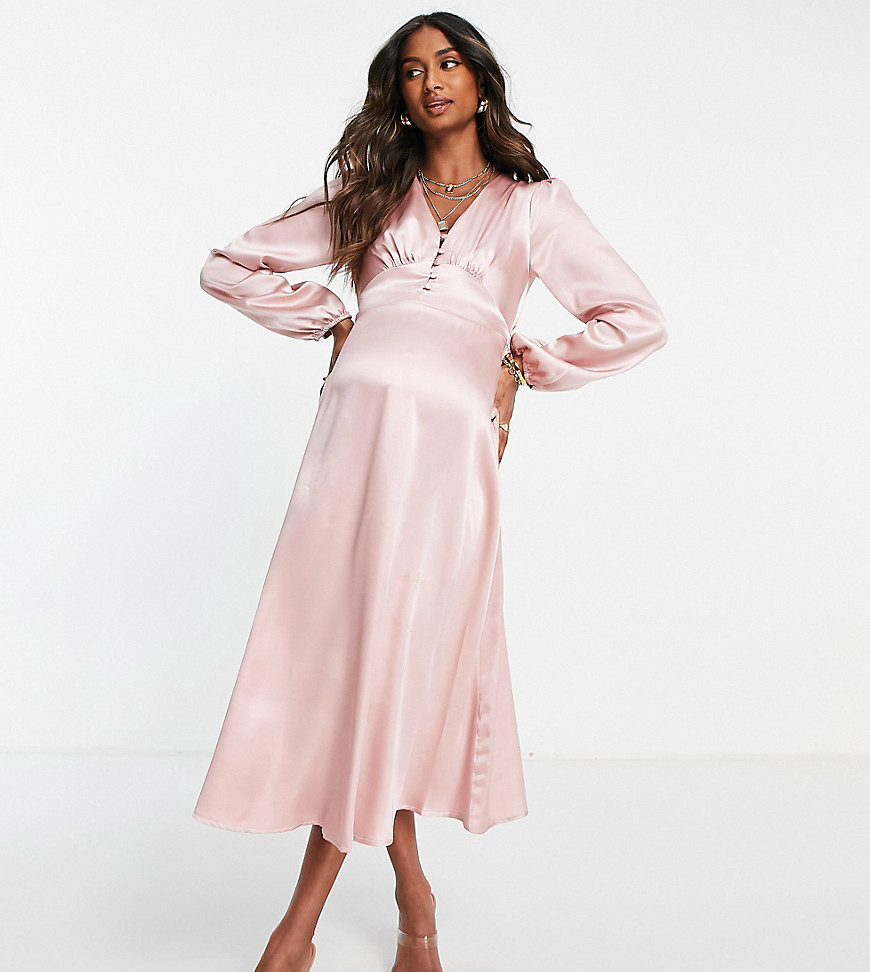 Flounce London Maternity Buttoned Midi Dress In Blush Pink