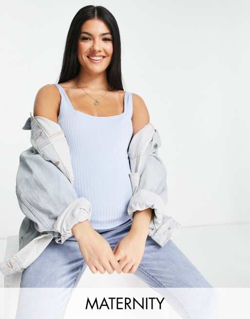 Flounce London Maternity - Canotta elasticizzata con scollo rotondo attillata, colore celeste