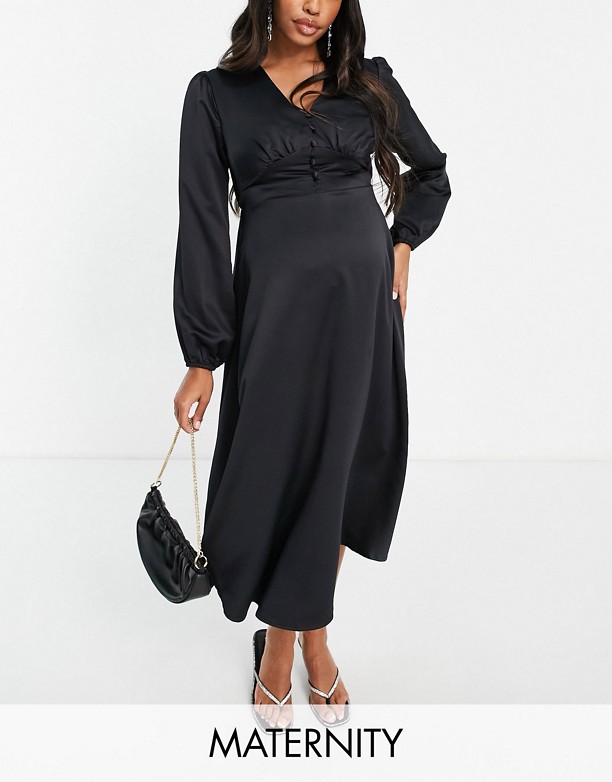  Pory Roku Flounce London Maternity – Czarna sukienka midi z zapięciem na guziki z przodu Czarny