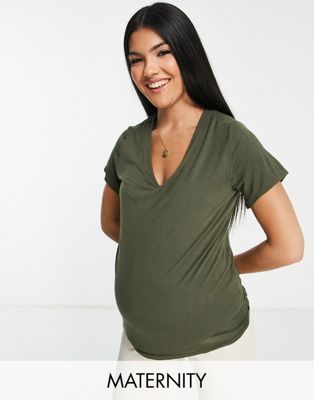 Flounce London Maternity Fitted Stretch T-shirt In Khaki-green