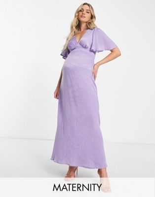 Flounce London Maternity flutter sleeve maxi dress with plunge front in lilac satin-Purple