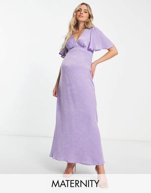 Flounce London Maternity flutter sleeve maxi dress with plunge front in  lilac satin