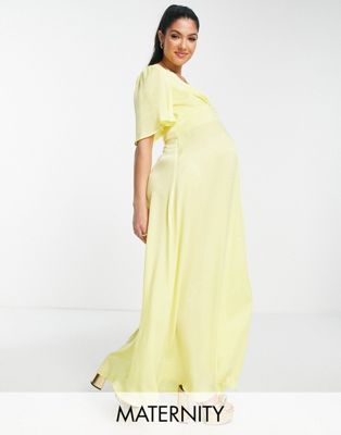 Flounce London Maternity flutter sleeve maxi dress with plunge front in yellow satin